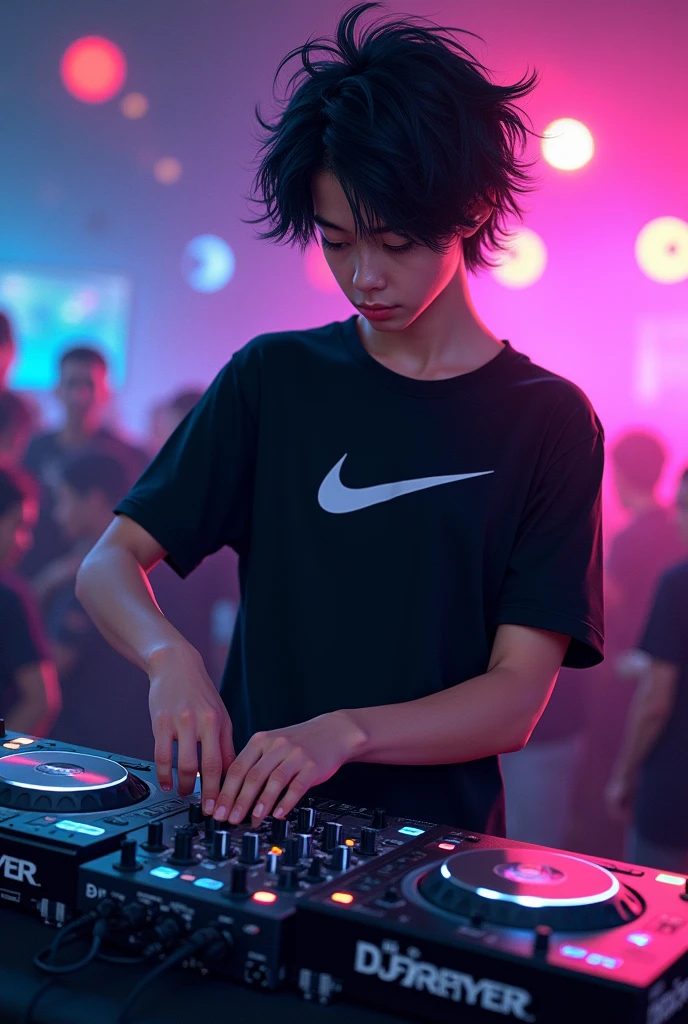 Create an  boy with black hair mixing as a DJ with a black Nike shirt and the name DJ FRENYER underneath.