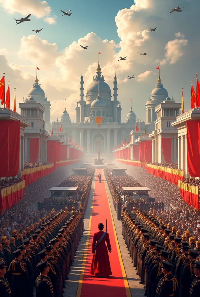 visual depiction of annual military parade of the most important day of the empire. The endless line of military personnels and equipments parading on the street of capital city, with the empress overwatch from grand palace balcony