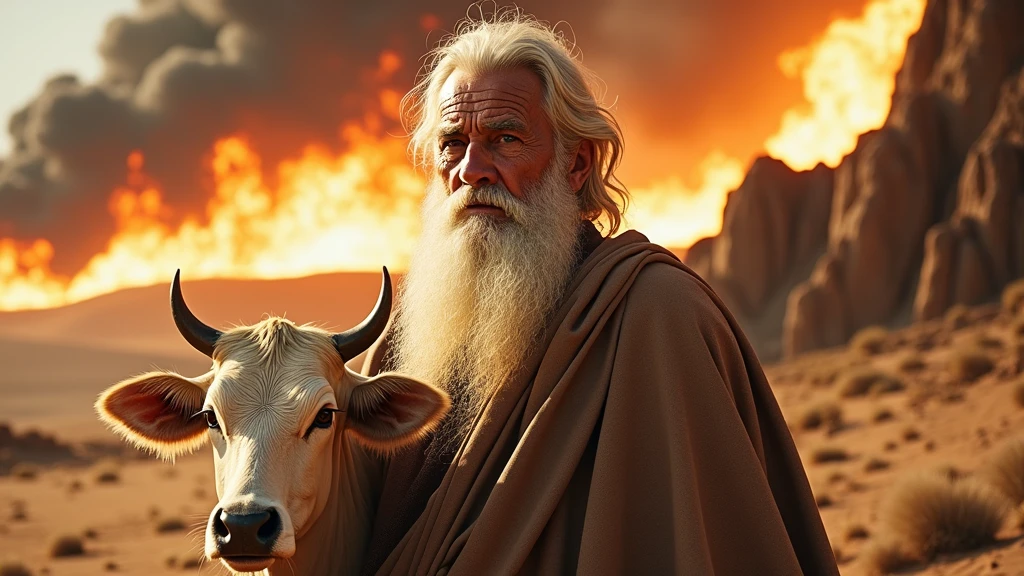 face of old hebrew man, with a cow beside, in the burning desert catching fire, 4k image, cinematic and realistic image