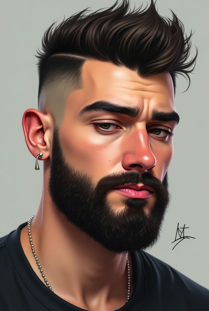 bearded young man, Cao Cao, thick eyebrows, earring in left ear, large nose, eyes down, eyes browns, shorth hair, razor fade cut, thick pink lips, chubby face