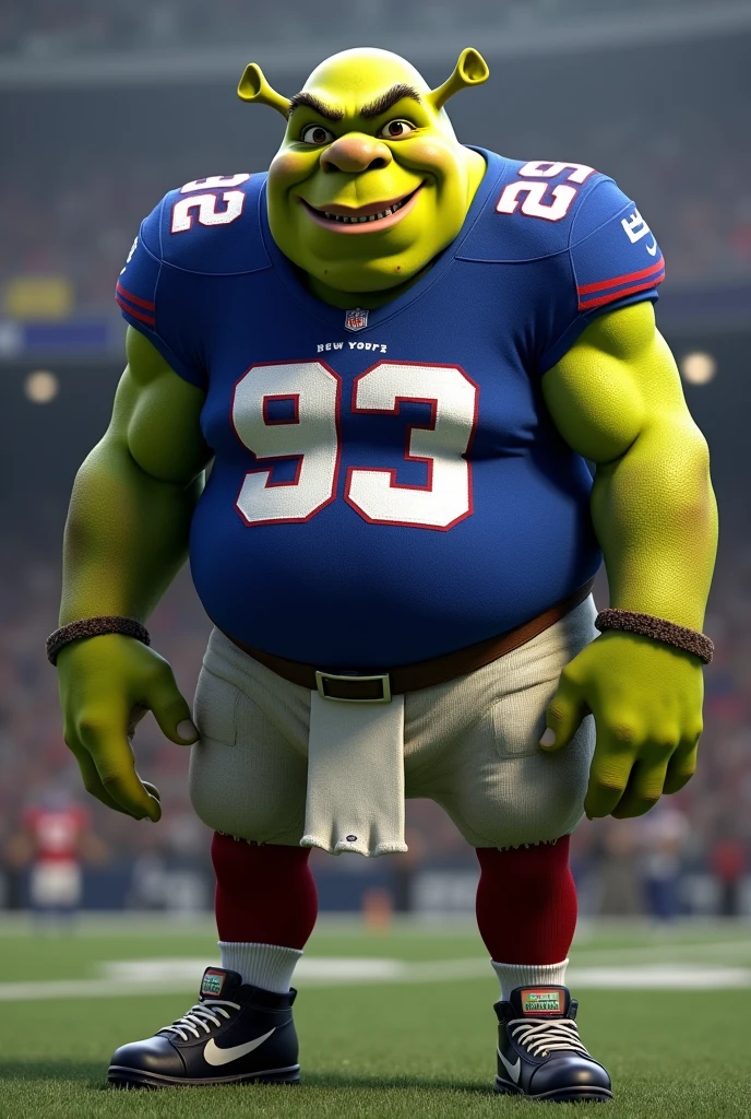 Shrek con el uniforme de los giants de Nueva 
york

