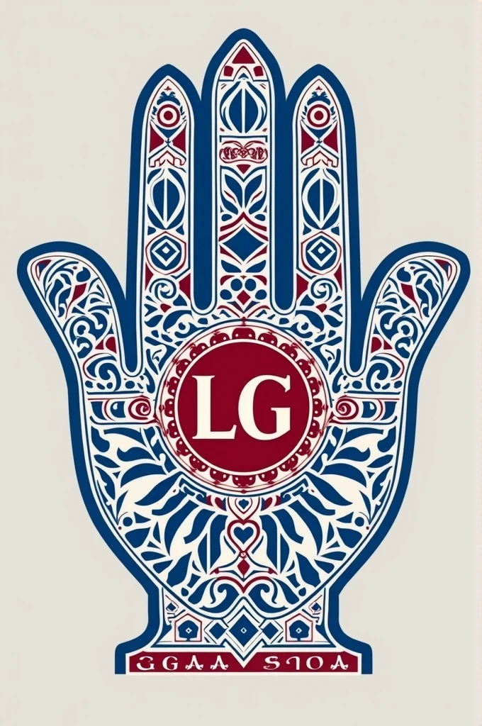 Imagine a hamsa hand, which is a figure with five fingers, often adorned with decorative details. In the center of the palm, could you include the lyrics "LG" in a style that complements the design. You can opt for an elegant or stylish font for the letters., and add additional details such as geometric patterns or symbols to better integrate the letters into the design. White blue and red color 