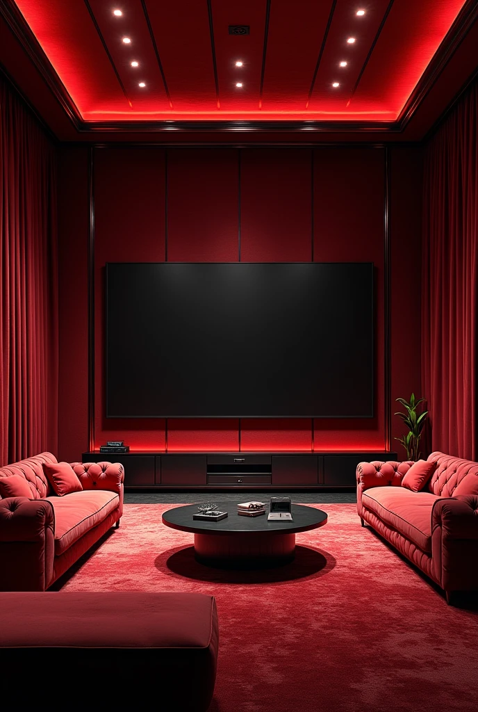 high qualiy, 8k Ultra HD, large room in red and black colors, an extremely luxurious and large room with a large television and comfortable sofas 