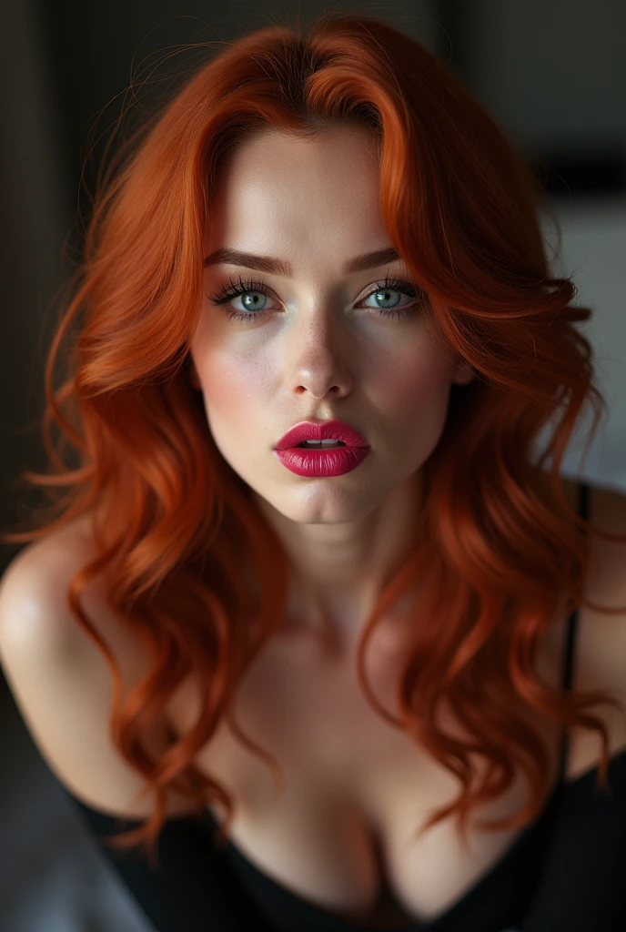 ultra realistic, fot, long red hair, (wavy and elegant hair, blue colored eyes, Perfect round lips, 30 years old, gorgeous face, voluptuous figure, perfect shape body, large, enhanced breasts), femme fatale, long eyelashes, Fotografia de glamour premiada fot de glamour premiada extremamente detalhada, front lit, HDR, detailed woman face looking at camera, photorrealistic, sharp eyes, (((eyes to the camera))), Bright pink lipstick, leaning forward and blowing a kiss, she closed her eyes, She puts her lips together.