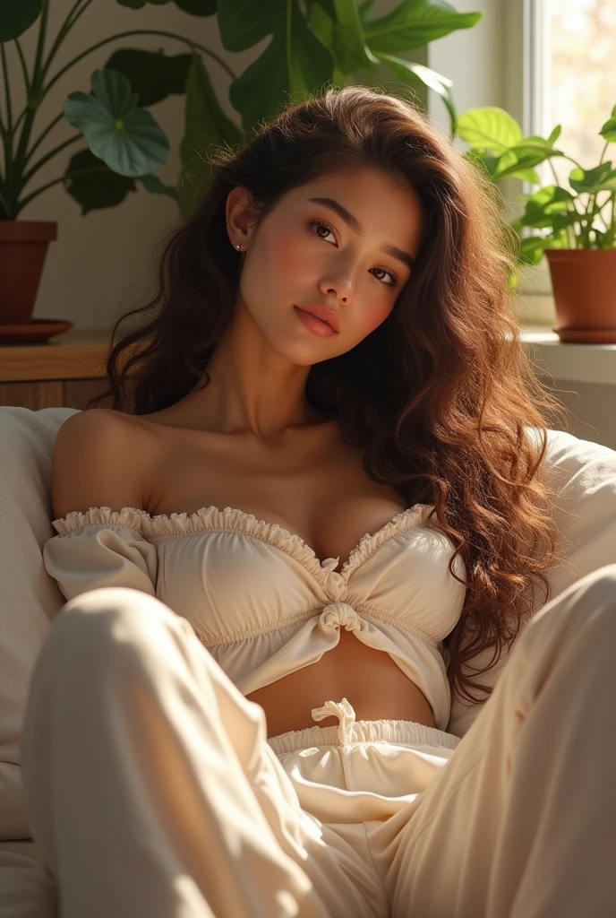 beautiful woman, sitting on bed, wearing loose off-shoulder top, pajama pants, long curly hair, indoors, soft lighting, plants in background, window with sunlight, cozy room, relaxed pose, realistic, intricate details, warm colors