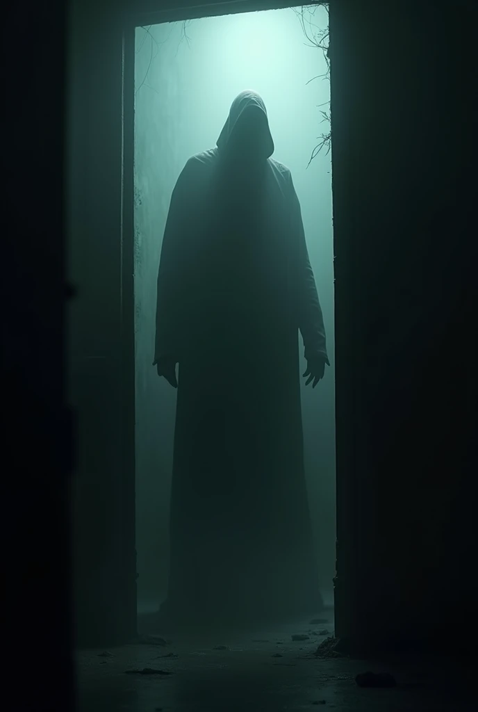Generates an image of a dark figure in a dimly lit room