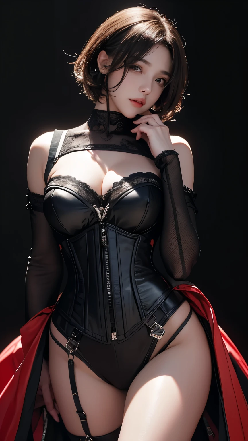 masterpiece, Highest quality, Very detailed, To the camera, 複雑に詳細なVery detailedな, Realistic, Sharp features, Very detailed, Sharp focus, Perfect Face, Perfect Face, Perfect symmetry and perfect eyes, Perfect Plump Lips, Flexible female form, Cinematic, Film Light, Very detailedな, hyper Realistic, masterpiece, Atmospheric, High resolution, Vibrant, Dynamic Studio Lighting, ((Dark Background)), The facial expression when feeling happy, handcuffs, BDSM, slave, Rubber, Red Corset, (赤いfirst round), ((Highest quality, 8k, masterpiece: 1.3)), Sharp focus: 1.2, Beautiful woman with perfect figure: 1.4, Slim Abs: 1.2, Wet body: 1.5, Very detailedな顔と肌の質感, Detailed eyes, double eyelid, Very short hair,((Sm嬢)),((m嬢)),handcuffs,first round,Red and black outfit