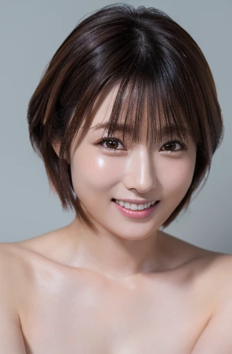 (Highest quality、4K、8k、High resolution、masterpiece:1.2)、Very detailed、(Genuine、Realistic、Realistic:1.3)、japanese women、smile、Large Breasts、short hair、completely naked、nipplesFull body photography