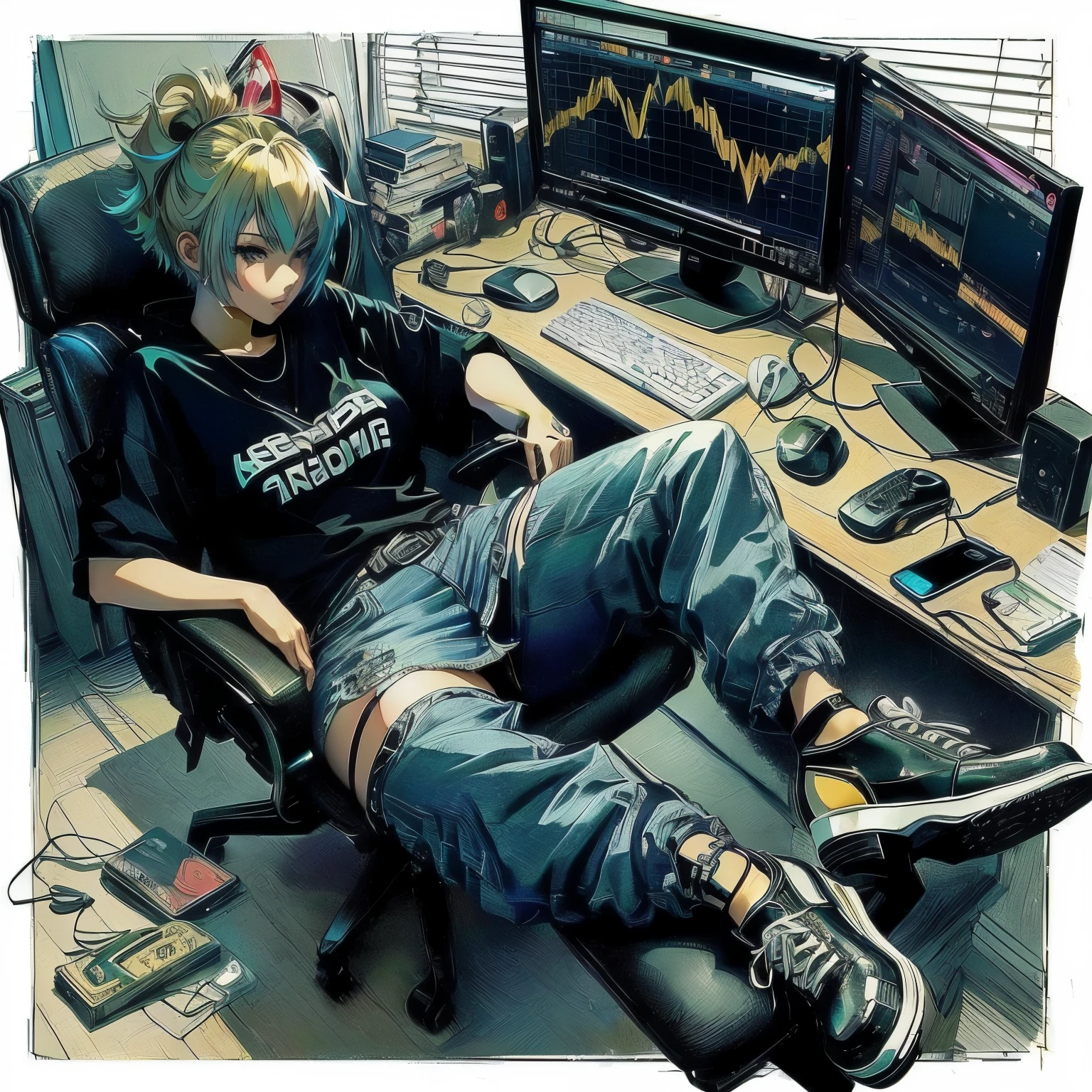 Anime woman sitting on a chair with her feet on the desk, Blonde, Short Hair, Denim mini skirt, High heels, anime trend artwork, Trending Anime Artwork, modern anime style, transaction, Sitting at a desk, Trending Anime Art, 🚀🚀🚀, pixiv Trends, Anime style”, The magnificent and majestic Degentrader, Anime Wallpaper, transaction stocks, Cyberpunk Streetwear, very modern anime style