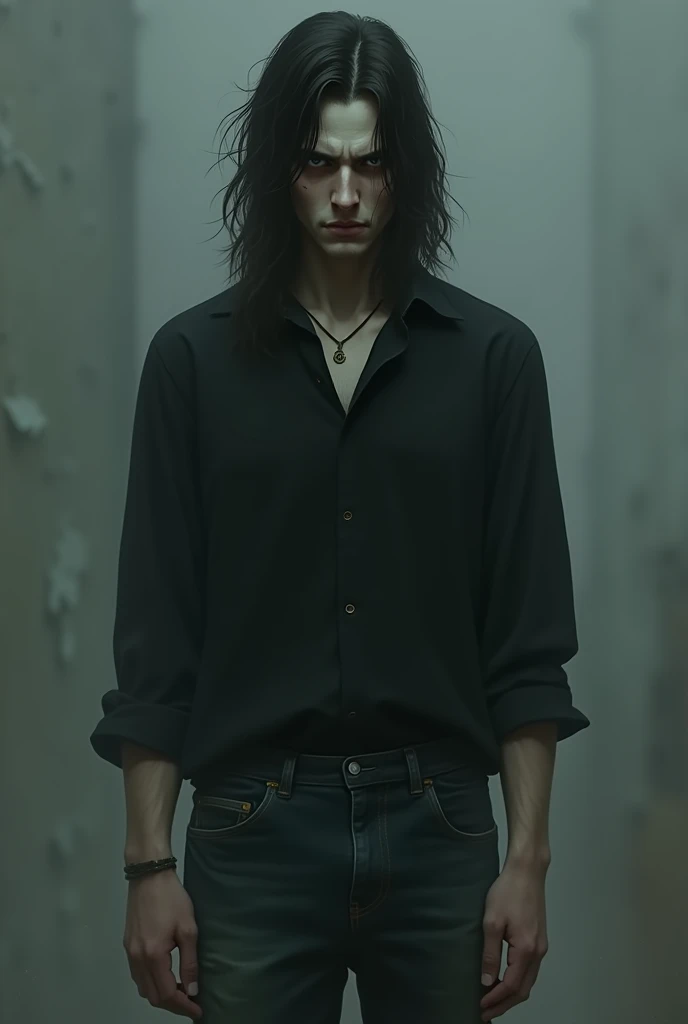 Describe a 30 year old man, with long black hair , white skin and light brown eyes. He has a slender body, is high, and is wearing jeans and a black blouse. His expression is serious and he has dark circles under his eyes.. phantom