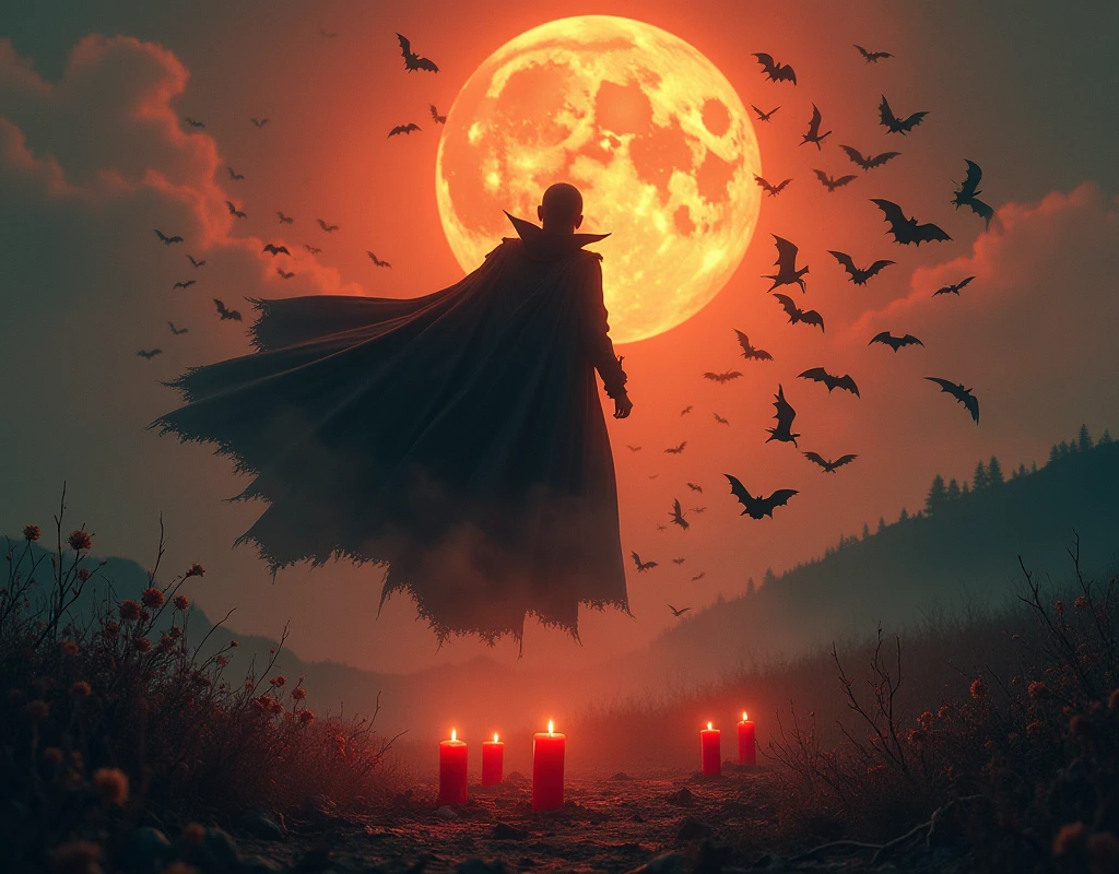 Vampire king, Flying, floating, A Vampire lord Emerging from a dense swarm of bats in a trail, The bats are in his wake, short and melted red candles on ground, The landscape molds to his presence, some withering flowers, orange moon, misty hills, fall time, smokey magic, dark magic, evil magic, magic dust specs in air, fury, anger, Beautiful landscape background, epic
