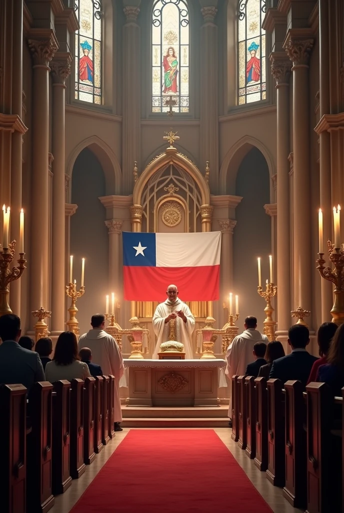 Create an image of a Chilean mass that contains the Chilean flag , the chalice and the host