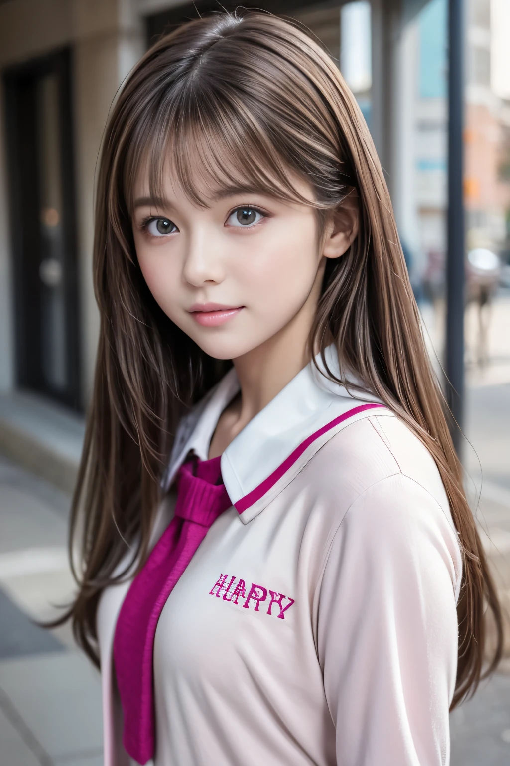 {{1 female, white}}, View your viewers, Hazel Eyes, Ultra-high resolution,Very detailed, Brown Hair, Pink clothes,uniform, high school girl, Soft skin texture,Soft and sexy lips, Happy, 最high quality, high quality, Very detailed 8K生写真:1.5, whole body