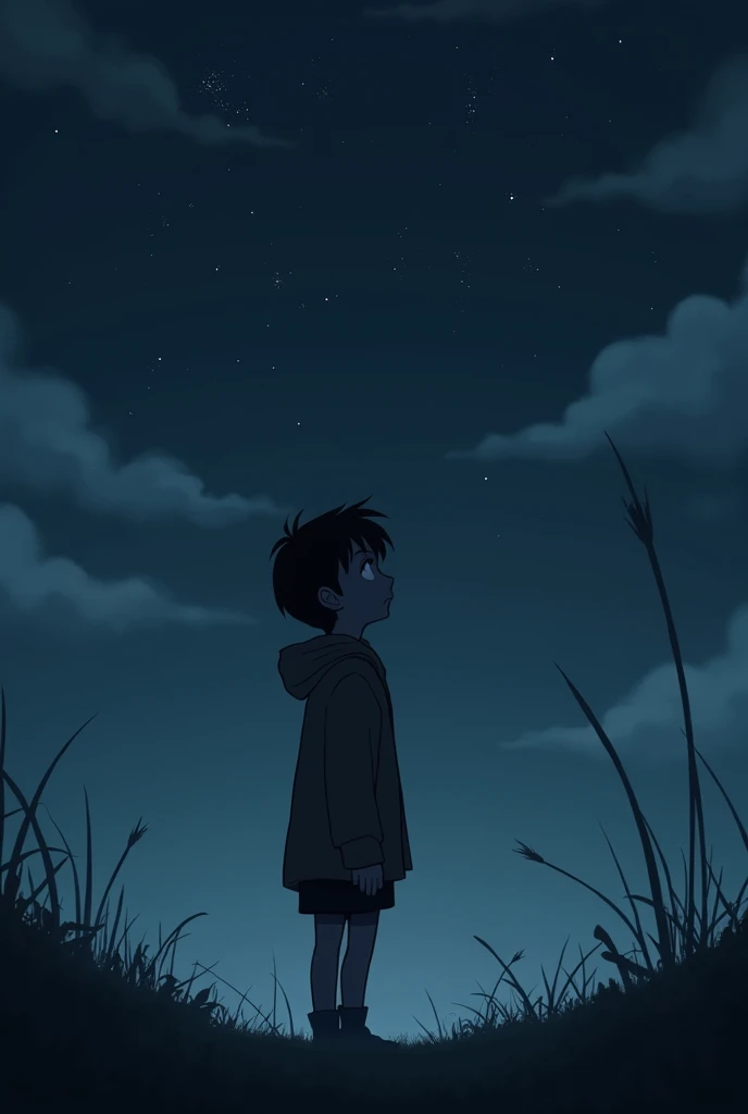 The character Jack from the mechanical heart cartoon version of the movie, looking up at the dark, grey sky watching the stars with a sad face