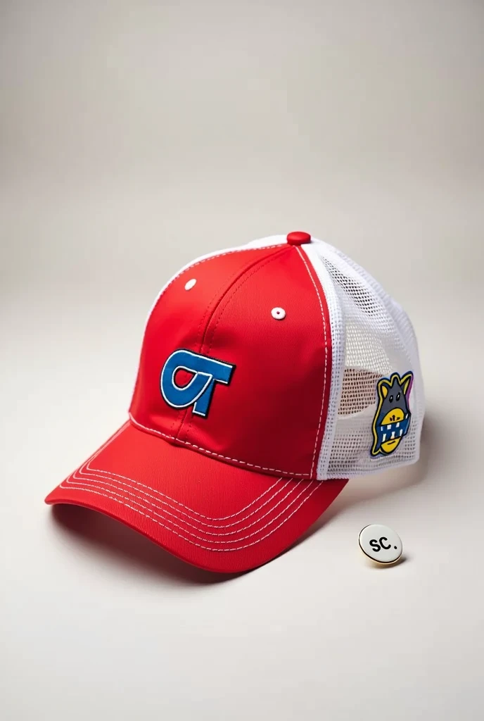 A red and white mesh cap on the back , CT logo with a small cat on the back and a white pin that says SC