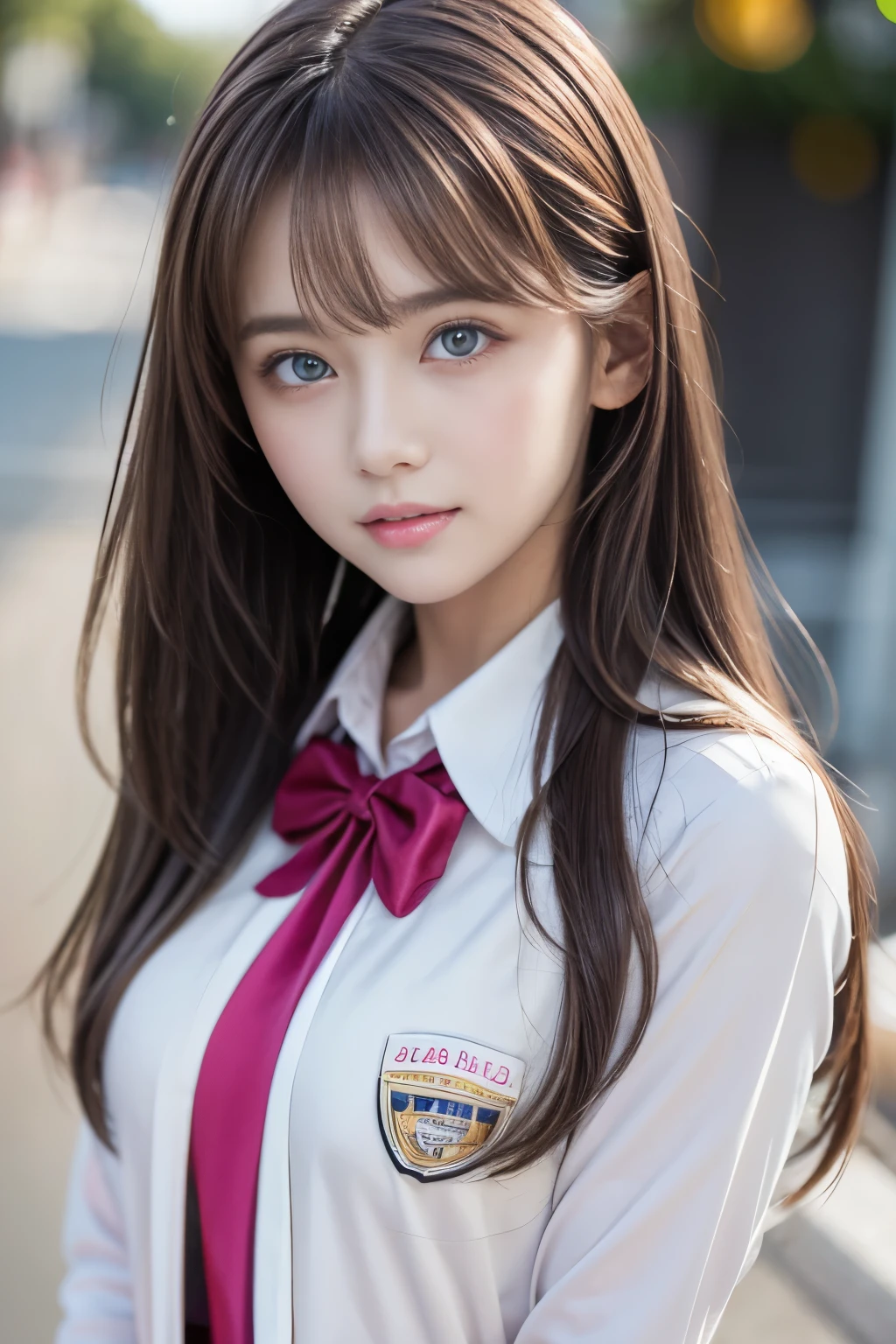 {{1 female, white}}, View your viewers, Hazel Eyes, Ultra-high resolution,Very detailed, Brown Hair, Pink clothes,uniform, high school girl, Soft skin texture,Soft and sexy lips, Happy, 最high quality, high quality, Very detailed 8K生写真:1.5, whole body