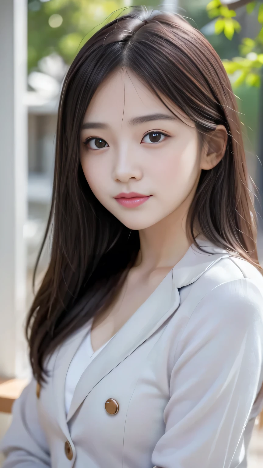 17Year-old high school girl、cute、Super detailed baby face、おとなしくcute目、Beautiful girls、Sweet girl、Japan gentle、Thin eyebrows、Full of embarrassment、Faintly open realistic lips、Realistic and beautiful skin、A shy smile、Blushed cheeks、Medium Hair、Delicate and 、Small breasts、Blazer uniform、masterpiece、Highest quality、Ultra-high resolution、(Photorealistic:1.4)、Beautiful lighting、Raw photo、8K UHD、Facial lighting、