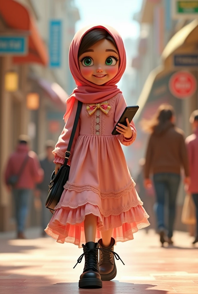 Pixar girl, round green eyes, hijab, pretty dress, wearing a bow, smiling, walking in the shopping mall wearing black punk boots, holding a cell phone in her right hand, carrying a black bag on her right shoulder.