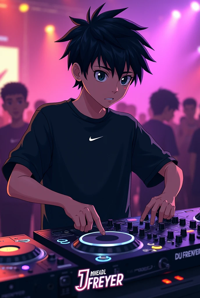 Create an boy with black hair mixing as a DJ with a black Nike shirt and the name DJ FRENYER underneath.