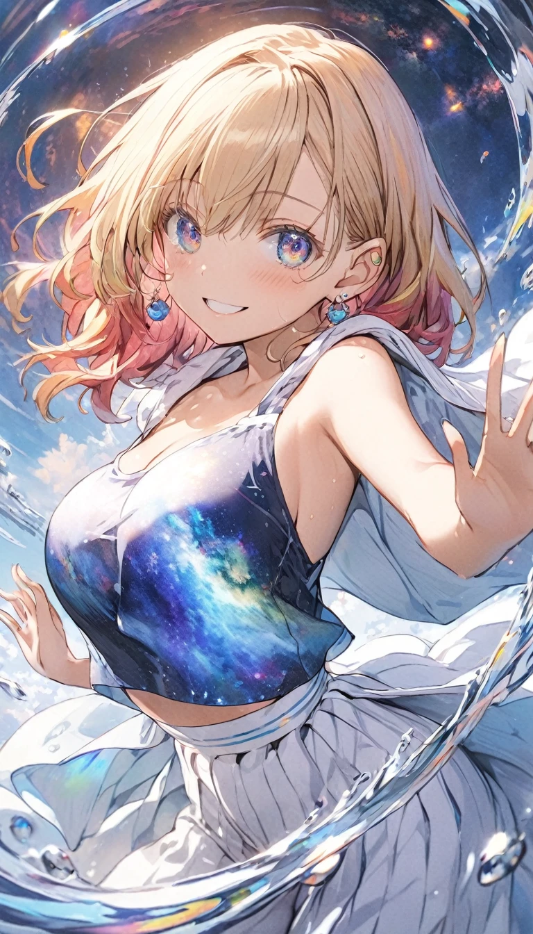 anime illustration, ((((highest quality)))), (((Ultra-precision CG 16K))), (((masterpiece))), BREAK skinny body, slender waist, medium Breasts, (((perky breasts))), ((sagging breasts)), (covered nipples), (((tanned skin, tan lines))) , BREAK (written in detail of face, smiling, blush, determined expression, sweaty , Heavy breathing, embarrassed, ) , (natural make), BREAK narrow eyes, (streaked hair, hair intakes, colored inner hair, ) BREAK (((wearing printed oversized clothing , wearing wide-leg-pants, breasts is covered by outfit, (detailed panty), Narrow aisles,))) , wearing earrings , BREAK ( stick breast out,) BREAK (( ripples , horizon , under the cosmic sky on the cosmic sea , cosmic effects, milky way, a girl blended into the background )), (((bustup shot, looking at viewer, extremely detailed eyes ))), BREAK ((cinematic , pinup magazine pose, dancing , scoop water with both hands