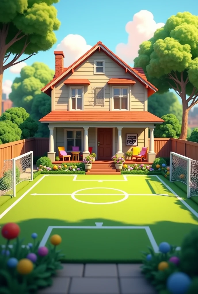 A house with a patio that is a small soccer field