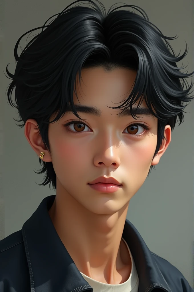 teenage boy, around 2, Brown skin, black hair is a bit messy, hair a bit long and a bit smooth, Korean hairstyle, light brown eyes, adult male body, broad chest, but not too broad, strong arms, handsome and somewhat fierce face, fierce, but implied a calm and responsible figure, thick black eyebrows, jaw shape is quite firm, aquiline nose shape but small nasal bone, slightly thin lips, symmetrical face, realistic human, not anime or 3d character, sharp eyes like an eagle, his face was mature 