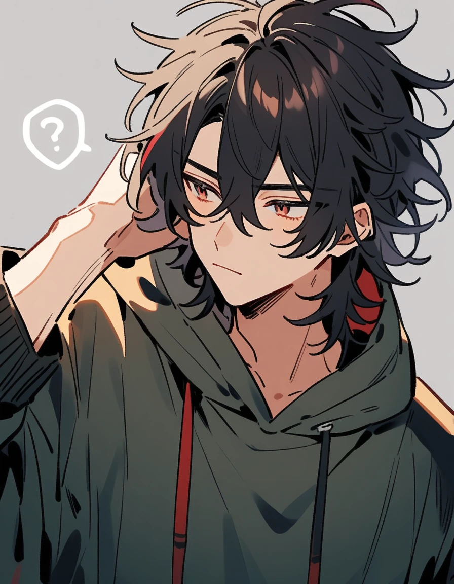 Handsome guy　cool　Messy hair, black hair　he、There are red streaks in the hair　Wearing a hoodie