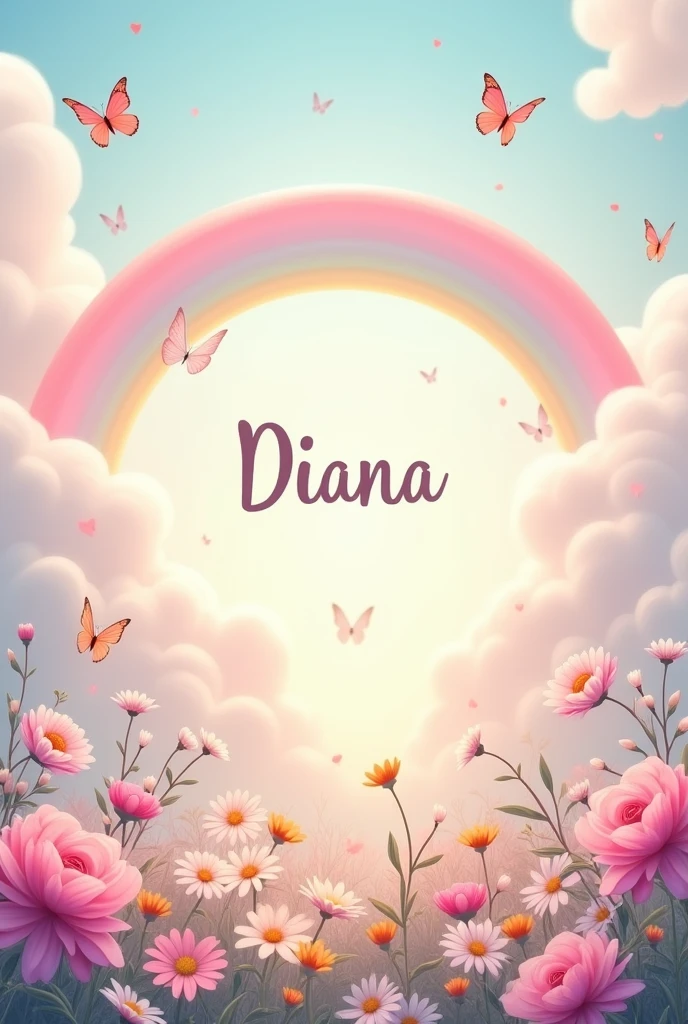 Rainbow and clouds with flowers, daisies, petonies and butterflies in minimalist pastel tones, with the name DIANA in the middle of the image. the items with depth and delicacy