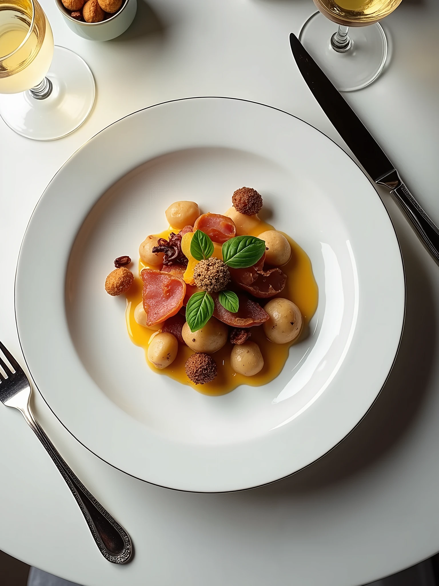 A very delicious western dish, aperitif with nuts, salad or cold cuts, looks very beautiful, there are knives and forks on both sides of the plate, bird's-eye view, real picture, 4k, ultra-clear, the background is empty,