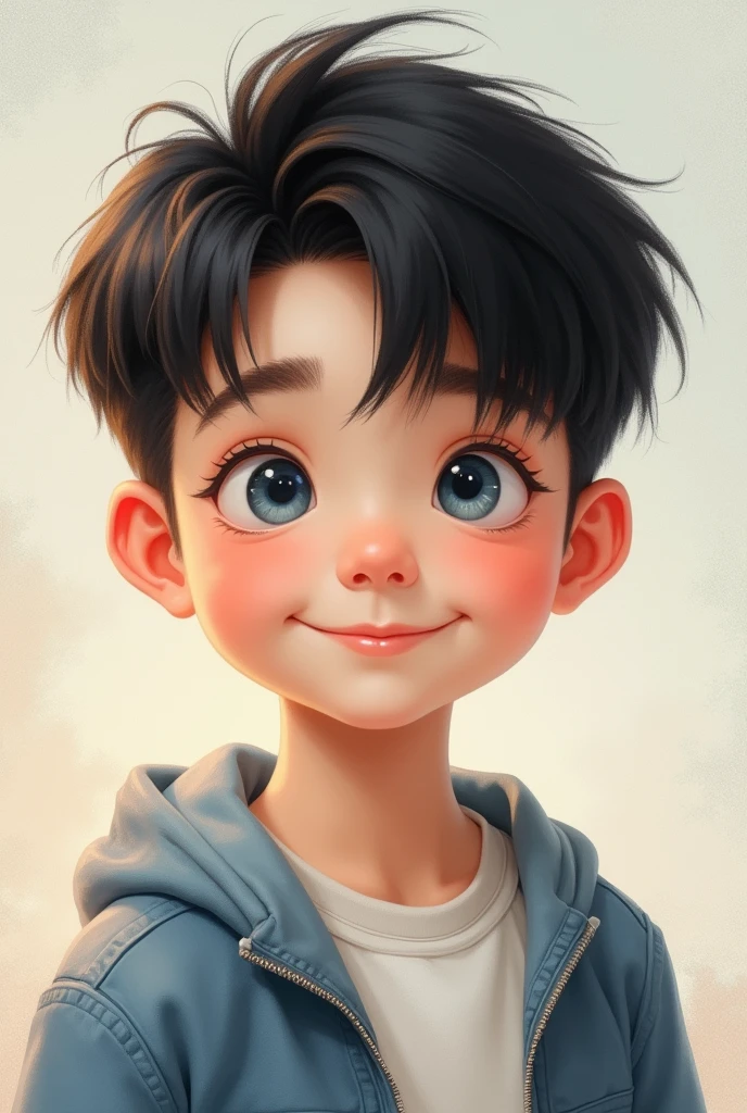 A 2 Korean black haired boy with blue eyes in casual clothes