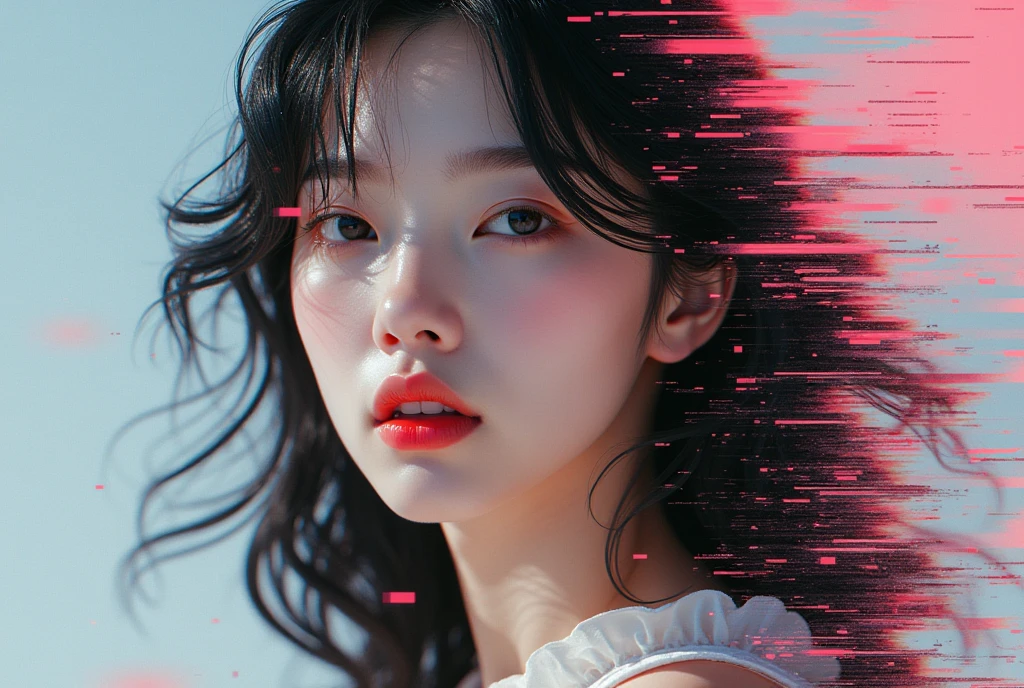 (magazine cover:1.3),ulzzang-6500, (realistic: 1.3) (original: 1.2), masterpiece, best quality, beautiful clean face, fullbody, 1girl, glitch art, (digital distortion), pixelated fragments, data corruption,colorful noise, visual chaos,contemporary aesthetics