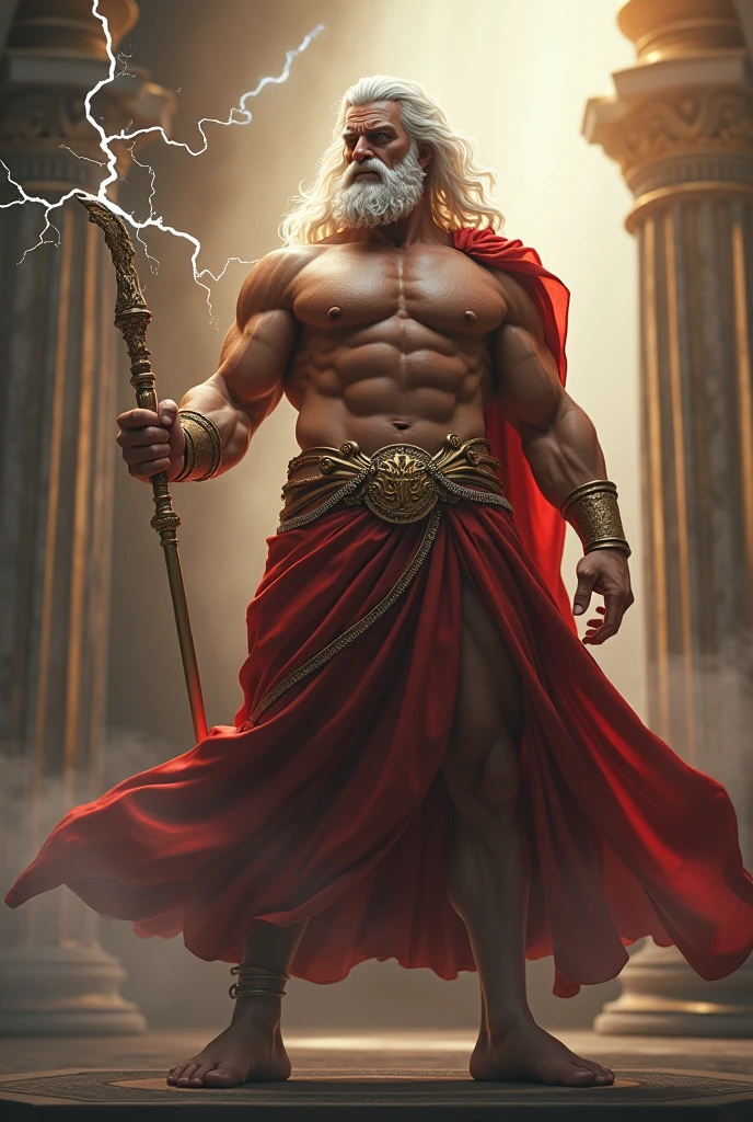 Angry Greek mythical Zeus holding lightning in one hand, full body, photo, photo, soft light, highest quality, high quality, high detail, 16k, HD, 1080P, high quality, detail decoration, crazy detail, Ultra HD quality