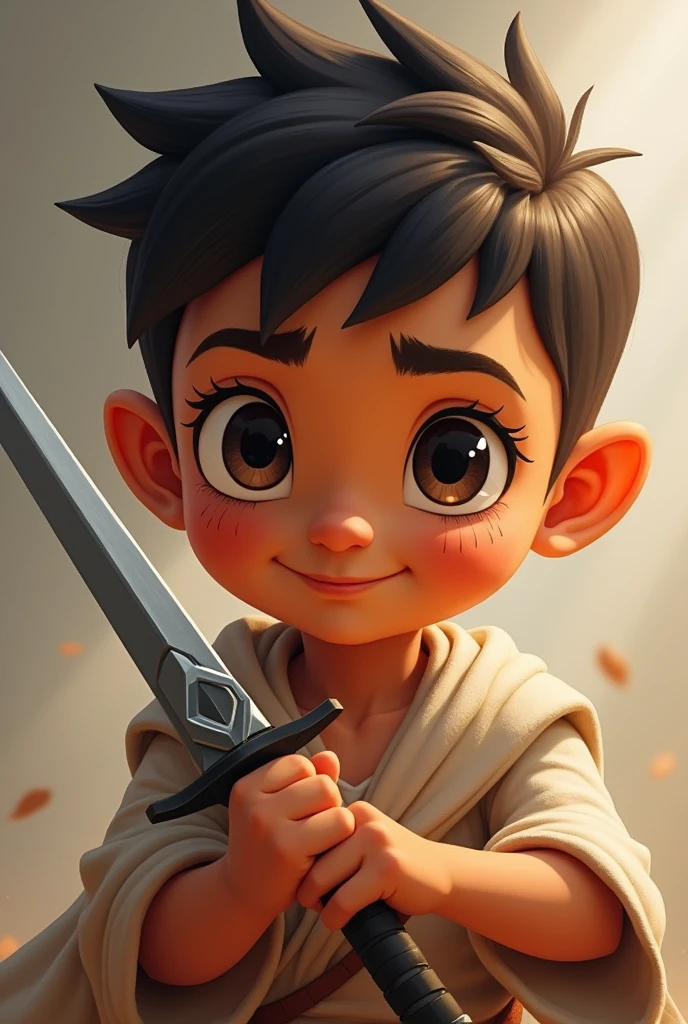 Black dark eyes boy, cinnamoon skin color, roll face, happy expression, eyelashes, really short hair, ALMOST no hair, with a sword