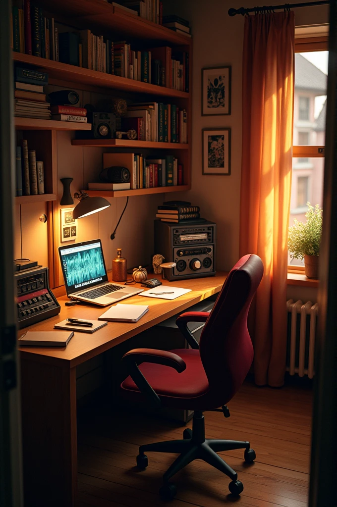 Room with soft artificial light, you can see books in a small library, Also a desk where there are some speakers, loose sheets and a pencil, also a microphone on the desk