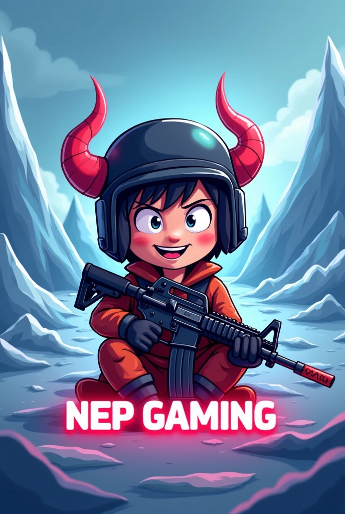 A logo where smiling boy with re horn is sitting holding m416 gun in glacier form with level 3 helmet Lighting background. Below NEP Gaming with glow effect.