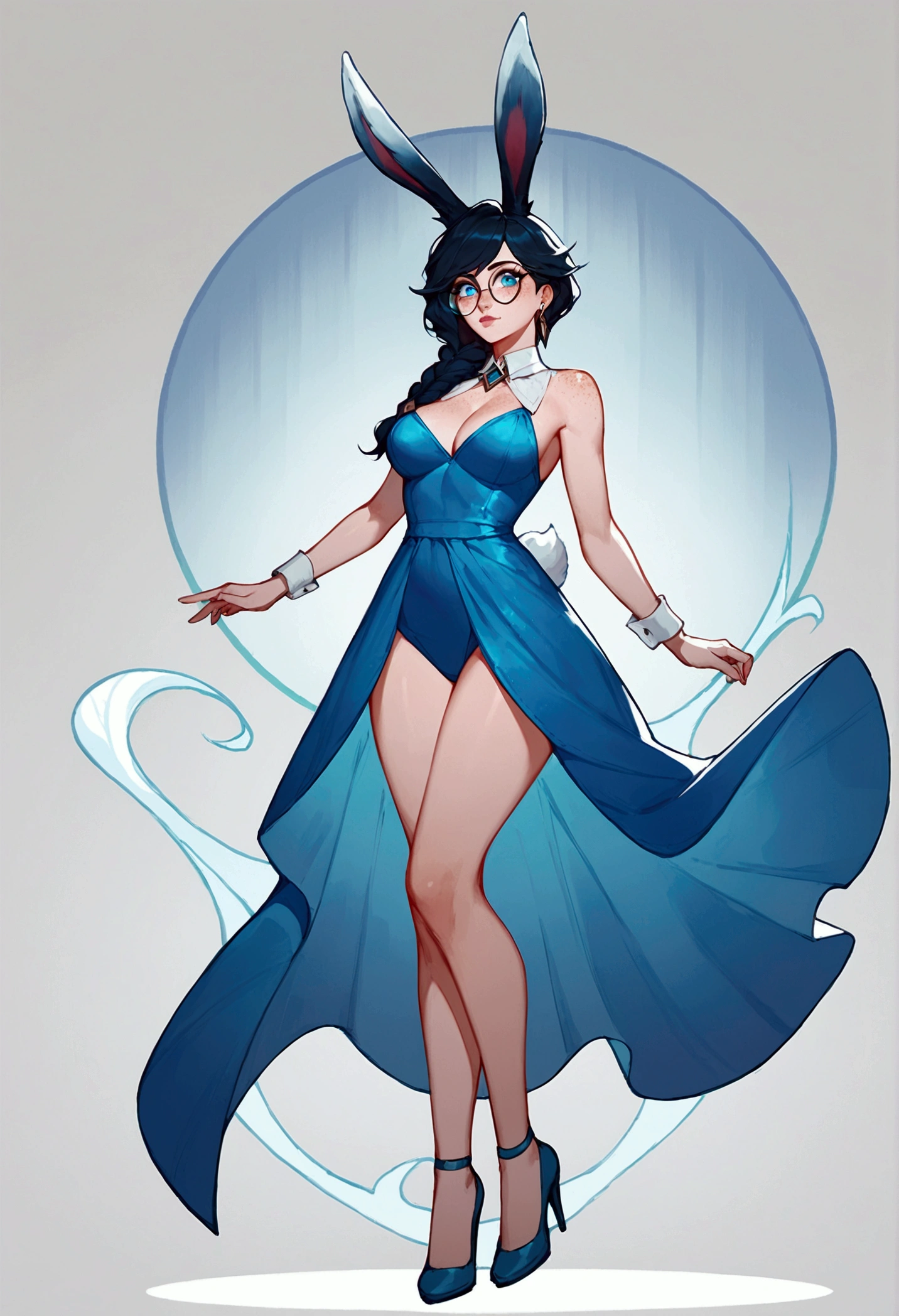 score_9, score_8_up, score_7_up, aurora (league of legends), 1girl, blue eyes, bunny ears, freckles, bangs, braid, sexy, sensual, full body, kitty dress, round glasses, earrings, black hair, long eyelashes, big bust, high heels