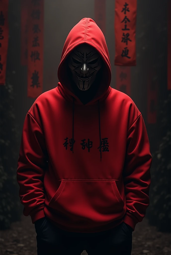 Image of a man in a red hooded sweatshirt , The background should be dark combined with red, It must be realistic and the character must have an ayanokoji mask