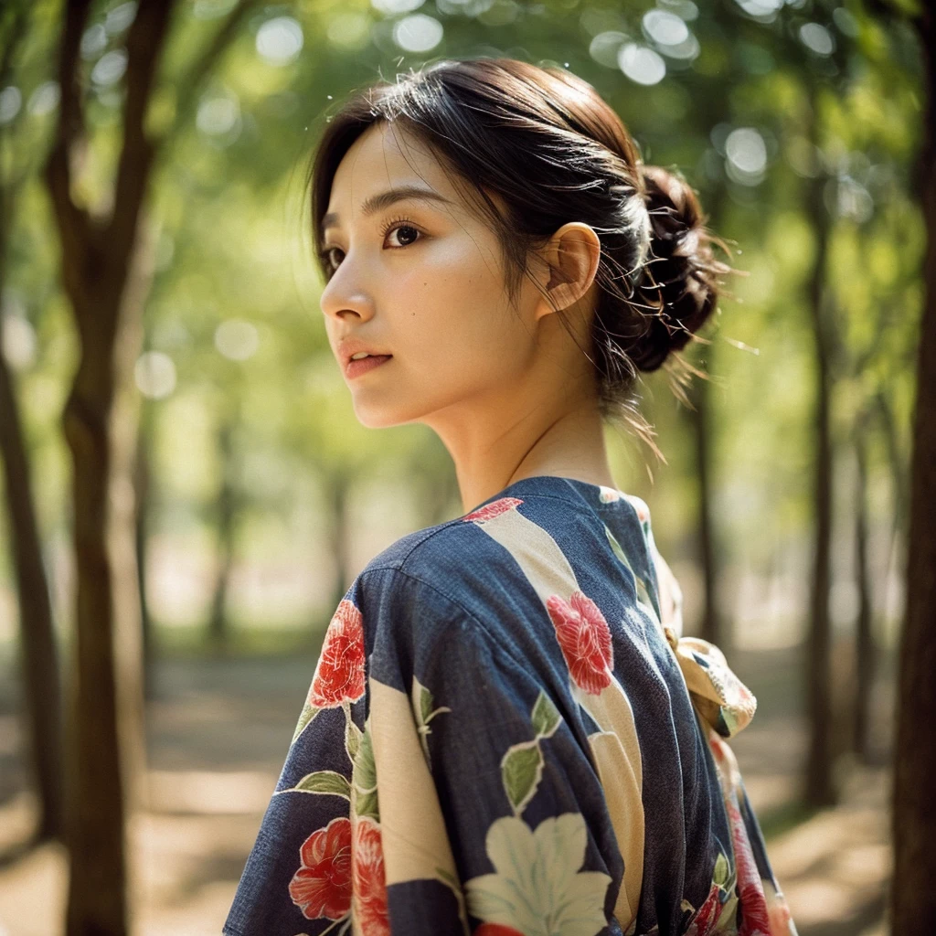 A hyper-realistic image of a single Japanese woman in her early 20s, captured from the shoulders up with the nostalgic warmth and subtle graininess of a film camera. She is wearing a traditional yukata with a vibrant, cute design featuring bold and colorful floral patterns such as cherry blossoms and peonies in shades of pink, red, and lavender, set against a soft pastel background. The obi is elegantly tied with a complementary color, adding a playful touch. The fabric of the yukata appears naturally lightweight, with visible folds and textures that enhance its realism, draping gracefully over her shoulders. Her skin, seen clearly from the shoulders up, has a warm beige tone with a highly realistic, slightly rough texture, showcasing visible pores, fine lines, and minor blemishes, along with subtle unevenness, such as delicate dryness around the cheeks and small natural shadows under the eyes. The lighting is soft and subdued, replicating the gentle, diffused natural light of an overcast day or early evening, creating realistic shadows across her face. These shadows subtly contour her cheekbones, nose, and jawline, adding depth and dimension to her facial features, enhancing the lifelike quality of her skin texture. Her straight, glossy black hair frames her face naturally, slightly tousled, adding to the authenticity of her look. Her deep brown eyes reflect the ambient light, providing depth and a natural, lifelike shine. The film camera effect introduces a noticeable grain and a soft focus, giving the image a warm, nostalgic atmosphere while maintaining the raw, lifelike quality of her skin. The composition is centered solely on her, capturing her serene and understated elegance, focusing closely on the detailed textures of the yukata and the authentic, natural skin texture, with dynamic lighting and shadow play that mimics a real-life photograph.
