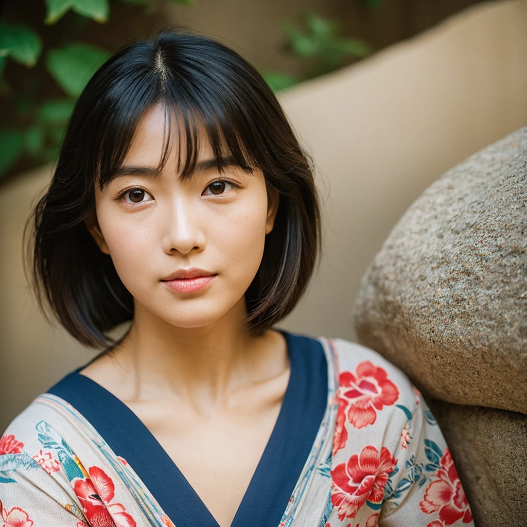 A hyper-realistic image of a single Japanese woman in her early 20s, captured from the shoulders up with the nostalgic warmth and subtle graininess of a film camera. She is wearing a traditional yukata with a vibrant, cute design featuring bold and colorful floral patterns such as cherry blossoms and peonies in shades of pink, red, and lavender, set against a soft pastel background. The obi is elegantly tied with a complementary color, adding a playful touch. The fabric of the yukata appears naturally lightweight, with visible folds and textures that enhance its realism, draping gracefully over her shoulders. Her skin, seen clearly from the shoulders up, has a warm beige tone with a highly realistic, slightly rough texture, showcasing visible pores, fine lines, and minor blemishes, along with subtle unevenness, such as delicate dryness around the cheeks and small natural shadows under the eyes. The lighting is soft and subdued, replicating the gentle, diffused natural light of an overcast day or early evening, creating realistic shadows across her face. These shadows subtly contour her cheekbones, nose, and jawline, adding depth and dimension to her facial features, enhancing the lifelike quality of her skin texture. Her straight, glossy black hair frames her face naturally, slightly tousled, adding to the authenticity of her look. Her deep brown eyes reflect the ambient light, providing depth and a natural, lifelike shine. The film camera effect introduces a noticeable grain and a soft focus, giving the image a warm, nostalgic atmosphere while maintaining the raw, lifelike quality of her skin. The composition is centered solely on her, capturing her serene and understated elegance, focusing closely on the detailed textures of the yukata and the authentic, natural skin texture, with dynamic lighting and shadow play that mimics a real-life photograph.