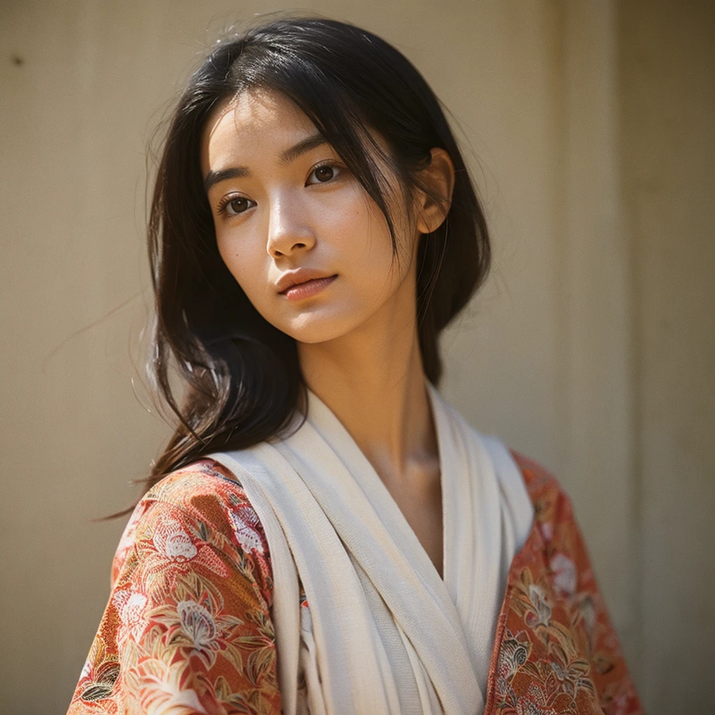 A hyper-realistic image of a single Japanese woman in her early 20s, captured from the shoulders up with the nostalgic warmth and subtle graininess of a film camera. She is wearing a traditional yukata with a vibrant, cute design featuring bold and colorful floral patterns such as cherry blossoms and peonies in shades of pink, red, and lavender, set against a soft pastel background. The obi is elegantly tied with a complementary color, adding a playful touch. The fabric of the yukata appears naturally lightweight, with visible folds and textures that enhance its realism, draping gracefully over her shoulders. Her skin, seen clearly from the shoulders up, has a warm beige tone with a highly realistic, slightly rough texture, showcasing visible pores, fine lines, and minor blemishes, along with subtle unevenness, such as delicate dryness around the cheeks and small natural shadows under the eyes. The lighting is soft and subdued, replicating the gentle, diffused natural light of an overcast day or early evening, creating realistic shadows across her face. These shadows subtly contour her cheekbones, nose, and jawline, adding depth and dimension to her facial features, enhancing the lifelike quality of her skin texture. Her straight, glossy black hair frames her face naturally, slightly tousled, adding to the authenticity of her look. Her deep brown eyes reflect the ambient light, providing depth and a natural, lifelike shine. The film camera effect introduces a noticeable grain and a soft focus, giving the image a warm, nostalgic atmosphere while maintaining the raw, lifelike quality of her skin. The composition is centered solely on her, capturing her serene and understated elegance, focusing closely on the detailed textures of the yukata and the authentic, natural skin texture, with dynamic lighting and shadow play that mimics a real-life photograph.