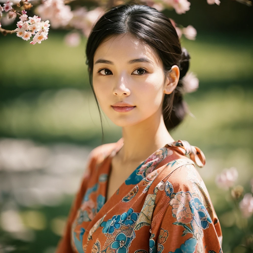 A hyper-realistic image of a single Japanese woman in her early 20s, captured from the shoulders up with the nostalgic warmth and subtle graininess of a film camera. She is wearing a traditional yukata with a vibrant, cute design featuring bold and colorful floral patterns such as cherry blossoms and peonies in shades of pink, red, and lavender, set against a soft pastel background. The obi is elegantly tied with a complementary color, adding a playful touch. The fabric of the yukata appears naturally lightweight, with visible folds and textures that enhance its realism, draping gracefully over her shoulders. Her skin, seen clearly from the shoulders up, has a warm beige tone with a highly realistic, slightly rough texture, showcasing visible pores, fine lines, and minor blemishes, along with subtle unevenness, such as delicate dryness around the cheeks and small natural shadows under the eyes. The lighting is soft and subdued, replicating the gentle, diffused natural light of an overcast day or early evening, creating realistic shadows across her face. These shadows subtly contour her cheekbones, nose, and jawline, adding depth and dimension to her facial features, enhancing the lifelike quality of her skin texture. Her straight, glossy black hair frames her face naturally, slightly tousled, adding to the authenticity of her look. Her deep brown eyes reflect the ambient light, providing depth and a natural, lifelike shine. The film camera effect introduces a noticeable grain and a soft focus, giving the image a warm, nostalgic atmosphere while maintaining the raw, lifelike quality of her skin. The composition is centered solely on her, capturing her serene and understated elegance, focusing closely on the detailed textures of the yukata and the authentic, natural skin texture, with dynamic lighting and shadow play that mimics a real-life photograph.