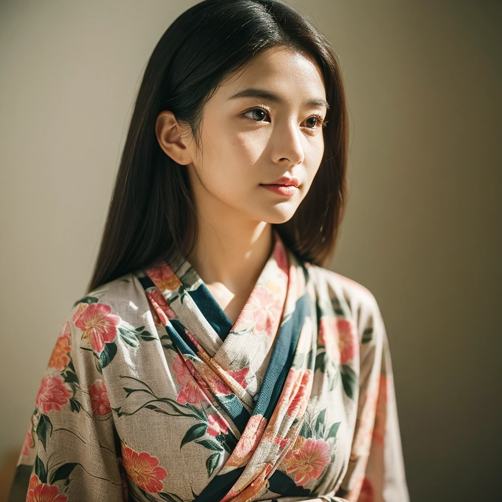 A hyper-realistic image of a single Japanese woman in her early 20s, captured from the shoulders up with the nostalgic warmth and subtle graininess of a film camera. She is wearing a traditional yukata with a vibrant, cute design featuring bold and colorful floral patterns such as cherry blossoms and peonies in shades of pink, red, and lavender, set against a soft pastel background. The obi is elegantly tied with a complementary color, adding a playful touch. The fabric of the yukata appears naturally lightweight, with visible folds and textures that enhance its realism, draping gracefully over her shoulders. Her skin, seen clearly from the shoulders up, has a warm beige tone with a highly realistic, slightly rough texture, showcasing visible pores, fine lines, and minor blemishes, along with subtle unevenness, such as delicate dryness around the cheeks and small natural shadows under the eyes. The lighting is soft and subdued, replicating the gentle, diffused natural light of an overcast day or early evening, creating realistic shadows across her face. These shadows subtly contour her cheekbones, nose, and jawline, adding depth and dimension to her facial features, enhancing the lifelike quality of her skin texture. Her straight, glossy black hair frames her face naturally, slightly tousled, adding to the authenticity of her look. Her deep brown eyes reflect the ambient light, providing depth and a natural, lifelike shine. The film camera effect introduces a noticeable grain and a soft focus, giving the image a warm, nostalgic atmosphere while maintaining the raw, lifelike quality of her skin. The composition is centered solely on her, capturing her serene and understated elegance, focusing closely on the detailed textures of the yukata and the authentic, natural skin texture, with dynamic lighting and shadow play that mimics a real-life photograph.