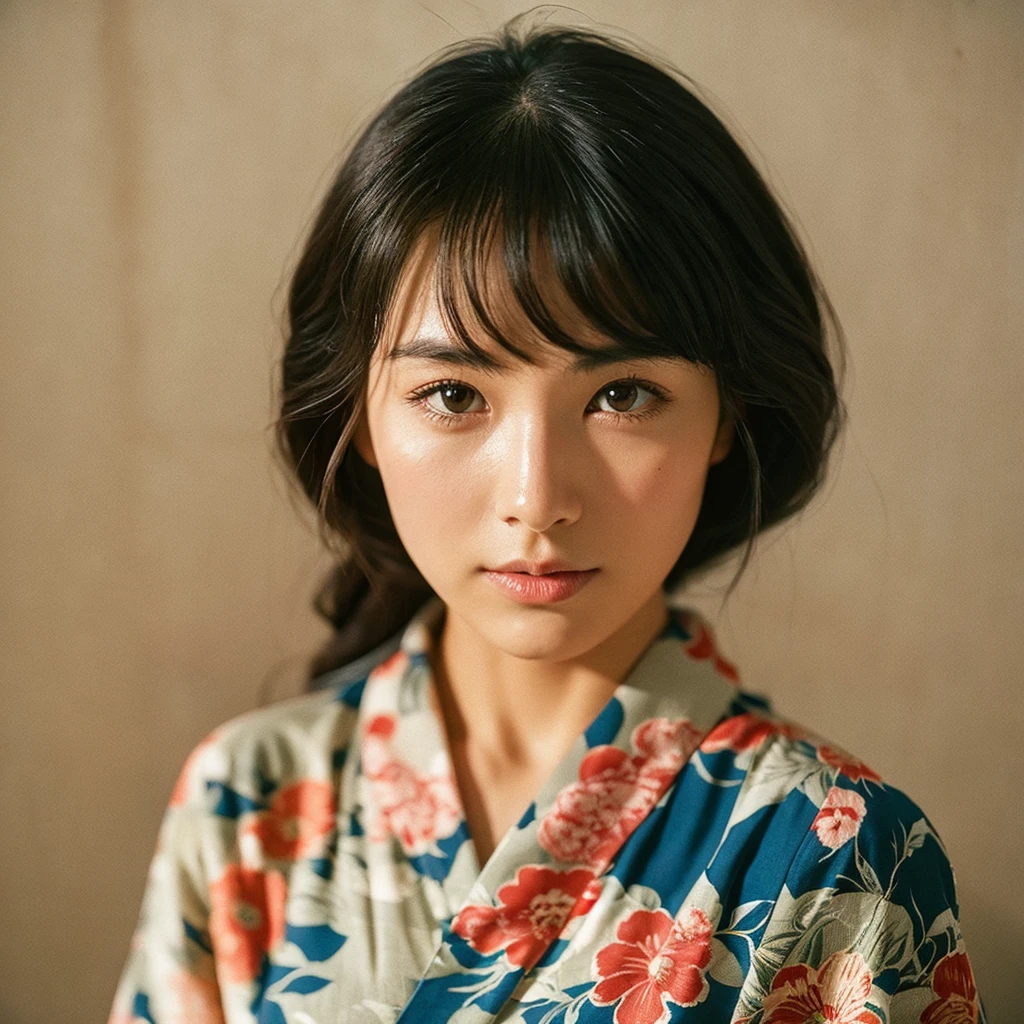 A hyper-realistic image of a single Japanese woman in her early 20s, captured from the shoulders up with the nostalgic warmth and subtle graininess of a film camera. She is wearing a traditional yukata with a vibrant, cute design featuring bold and colorful floral patterns such as cherry blossoms and peonies in shades of pink, red, and lavender, set against a soft pastel background. The obi is elegantly tied with a complementary color, adding a playful touch. The fabric of the yukata appears naturally lightweight, with visible folds and textures that enhance its realism, draping gracefully over her shoulders. Her skin, seen clearly from the shoulders up, has a warm beige tone with a highly realistic, slightly rough texture, showcasing visible pores, fine lines, and minor blemishes, along with subtle unevenness, such as delicate dryness around the cheeks and small natural shadows under the eyes. The lighting is soft and subdued, replicating the gentle, diffused natural light of an overcast day or early evening, creating realistic shadows across her face. These shadows subtly contour her cheekbones, nose, and jawline, adding depth and dimension to her facial features, enhancing the lifelike quality of her skin texture. Her straight, glossy black hair frames her face naturally, slightly tousled, adding to the authenticity of her look. Her deep brown eyes reflect the ambient light, providing depth and a natural, lifelike shine. The film camera effect introduces a noticeable grain and a soft focus, giving the image a warm, nostalgic atmosphere while maintaining the raw, lifelike quality of her skin. The composition is centered solely on her, capturing her serene and understated elegance, focusing closely on the detailed textures of the yukata and the authentic, natural skin texture, with dynamic lighting and shadow play that mimics a real-life photograph.