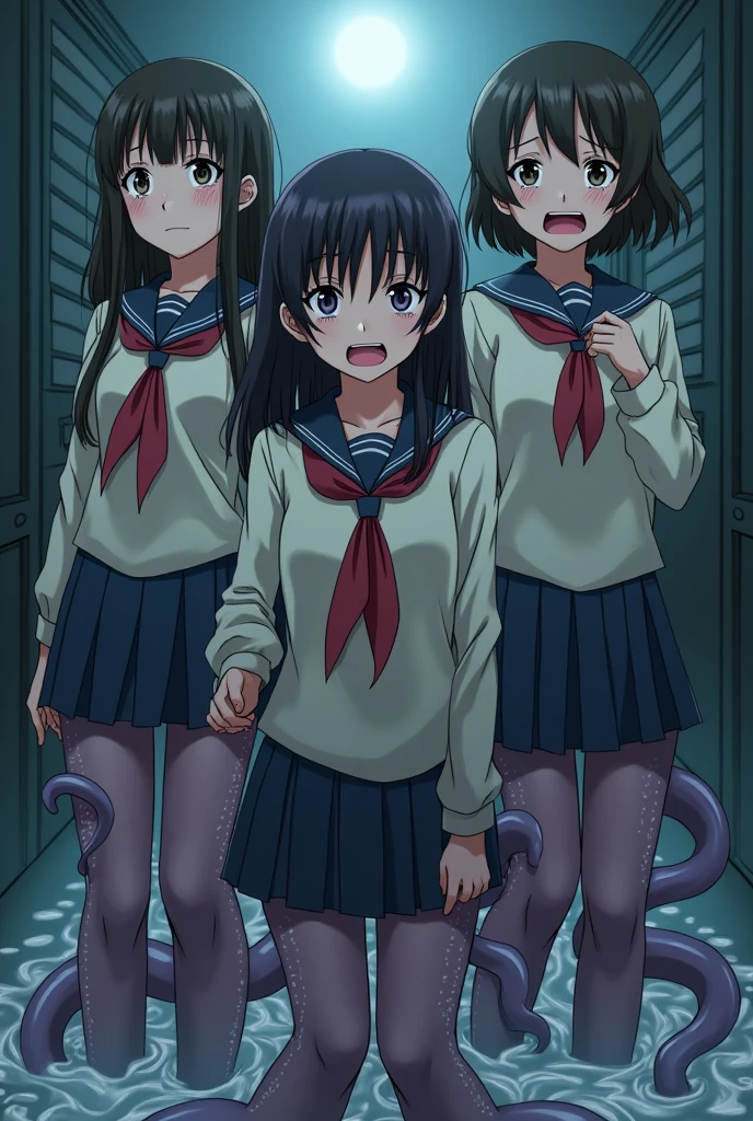 Three girl's lower_body is transformed into a tentacles(Japanese anime style)(scared and crying)(student costume)