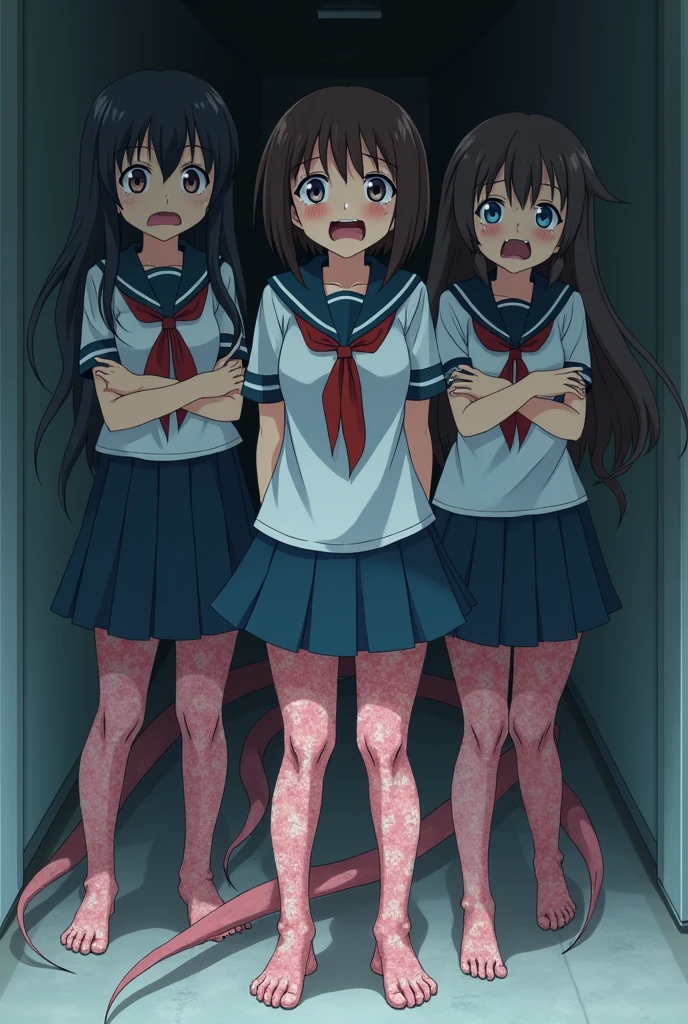 Three girl's lower_body is transformed into a tentacles(Japanese anime style)(scared and crying)（student costume）