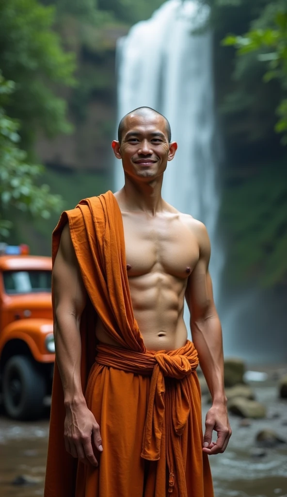 A muscular young Vietnamese monk, Detailed bald head, Tow truck, shirtless กอดจูบ หนุ่มร่างthin เปลือย shirtlessคลุม, Buddhism, quiet, Detailed dark brown robe, Take the whole body, Walking posture :: Manly, Look at the camera, (Make eye contact), Manliness posture, Manly deportment, Virtue, masculinity, Manliness, very detailed facial parts, very detailed neck, Manly, Waterfall background, happy expression, professional photos, soft focus, (8ก, raw photos, best quality, Masterpiece:1.2), very detailed, Ultra high resolution, perfect anatomy, ส่วนของร่างกายที่very detailed, Very symmetrical body, Asia, 1, shirtless :: Highly detailed, detailed face, Detailed eyes, Proportionate eyes, very detailed mouth, Leaky abdomen :: very detailed, thin, small waist, realistic, human skin, นิ้วที่very detailed, handsome chad chin, shirtless, I&#39;m a man., human skin, handsome, charming, Highly detailed RAW color photo, depth of field, Front photo, perfect composition, very detailed hands, very detailed fingers