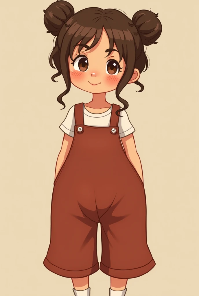 A woman with short and fluffy chestnut brown hair that's styled into cute and thick braided pigtails, fluffy bangs, softly slightly pale olive skin, soft brown doe eyes, light freckles peppered all over her body, a cute button nose, and soft pink lips. She should be wearing a pair of rusty red colored overall pants that hugs her chubby body and also flared at the bottom, a plain white tank top that hugs her chubby body as well, and white socks.