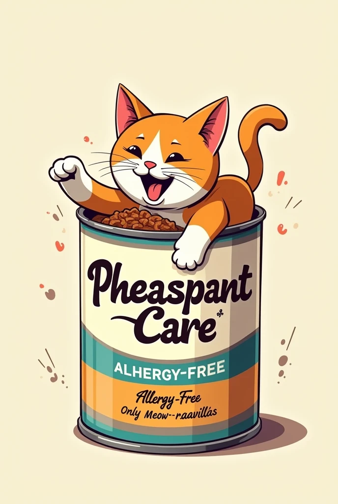 Create a can of cat food, where a cat comes out eating, that has the name Pheasant-care and says “Allergy-free”, only Meow-ravillas”
