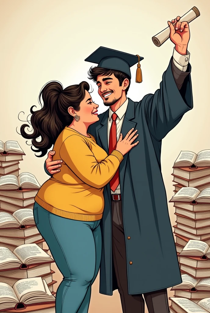 Cartoon of a big girl hugging a young man in graduation attire who raises his hand and holds his graduation certificate. High-detailed drawing of lines and illustrated books.