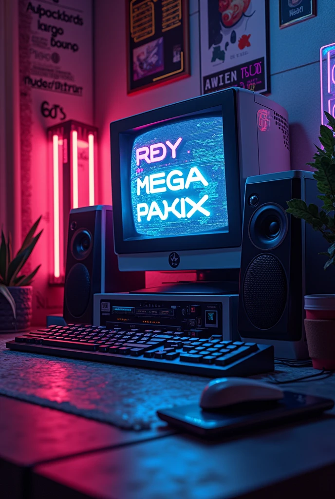 Create a nostalgic and vibrant image that captures the essence of the late '90s electronic music scene. The centerpiece is a glowing, futuristic-looking 'ReyMod Mod Megamix' logo, surrounded by elements reminiscent of early digital music production. Include a retro PC setup with ModEdit software open on the screen, showcasing the Pattern Editor interface with its distinctive hex editor-like design. The environment should evoke a sense of creative exploration, with neon lights, abstract sound waves, and circuit board patterns in the background. The overall atmosphere should be a blend of nostalgia and innovation, paying homage to the pioneering era of MOD file editing and the groundbreaking impact of ModEdit. Emphasize the DIY, hands-on feel of the time, with a nod to the technology of the early '90s, such as the PC speaker and keyboard-centric navigation.
